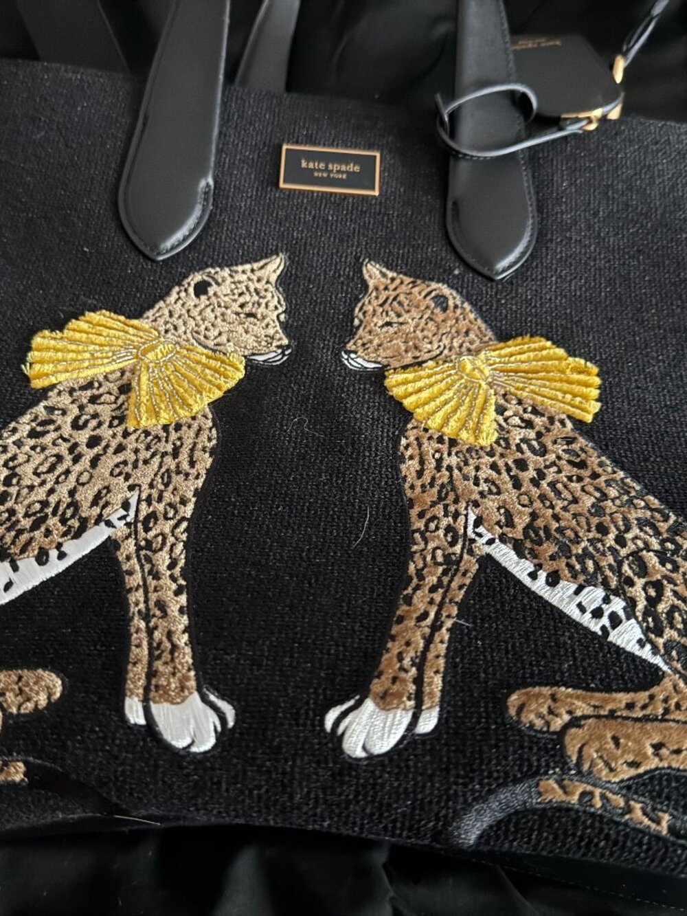 Kate Spade Manhattan Lady Leopard Embroidered Large Black Tote Bag